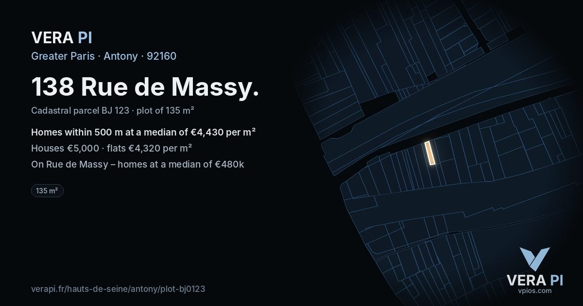 138 Rue de Massy, Antony at night – the plot lit, the parcels around coloured by the prices near them