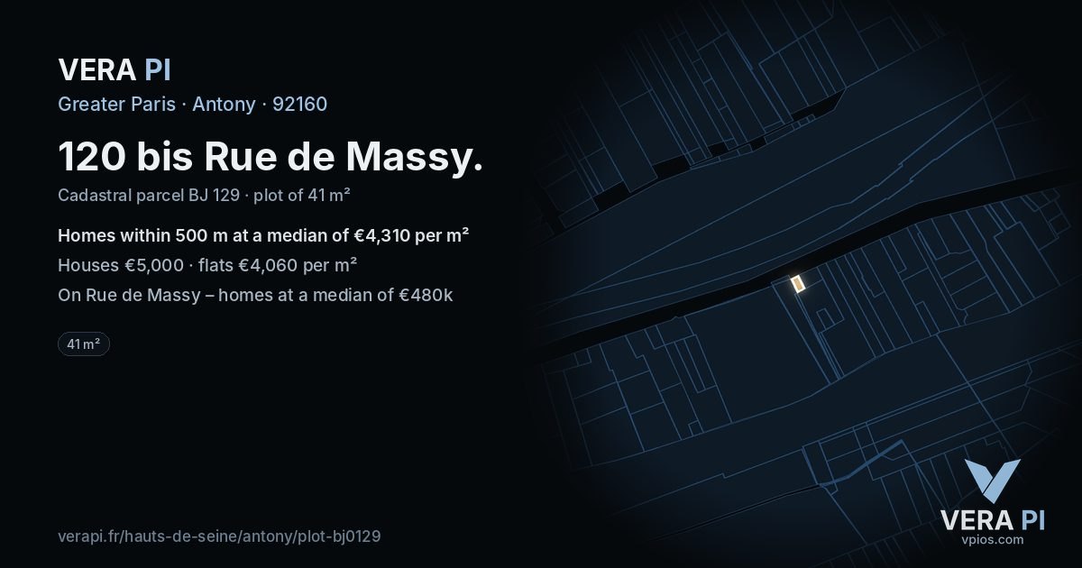 120 bis Rue de Massy, Antony at night – the plot lit, the parcels around coloured by the prices near them