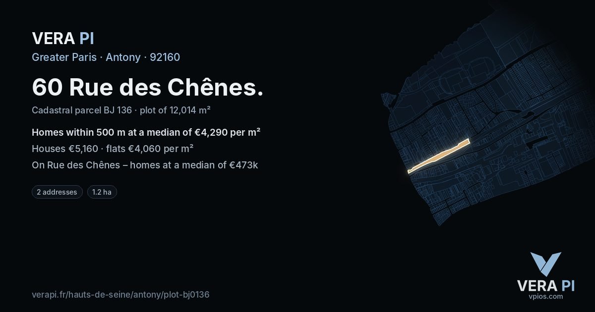 60 Rue des Chênes, Antony at night – the plot lit, the parcels around coloured by the prices near them