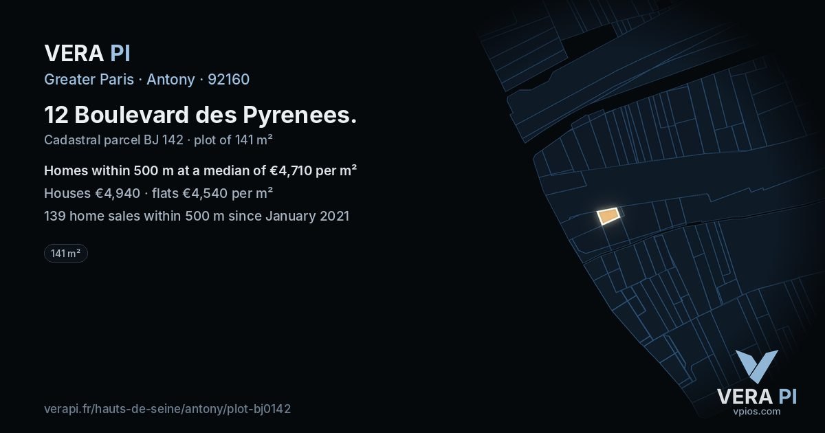12 Boulevard des Pyrenees, Antony at night – the plot lit, the parcels around coloured by the prices near them