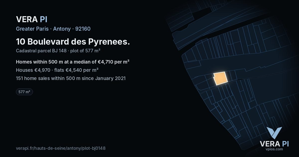 10 Boulevard des Pyrenees, Antony at night – the plot lit, the parcels around coloured by the prices near them
