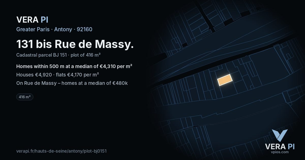 131 bis Rue de Massy, Antony at night – the plot lit, the parcels around coloured by the prices near them