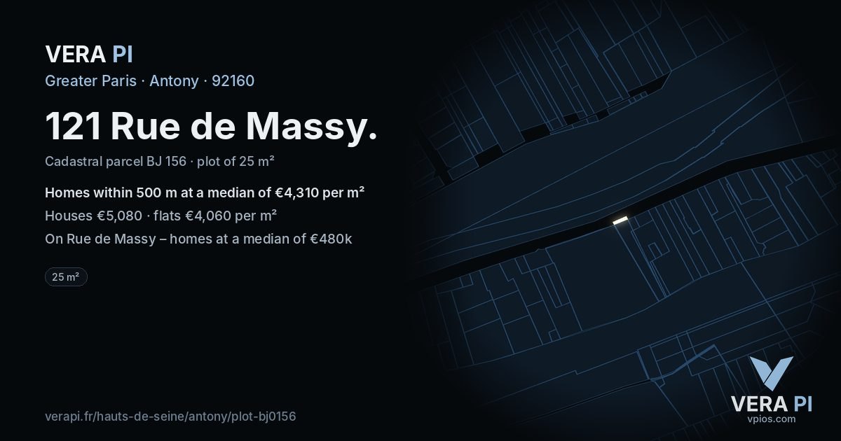 121 Rue de Massy, Antony at night – the plot lit, the parcels around coloured by the prices near them