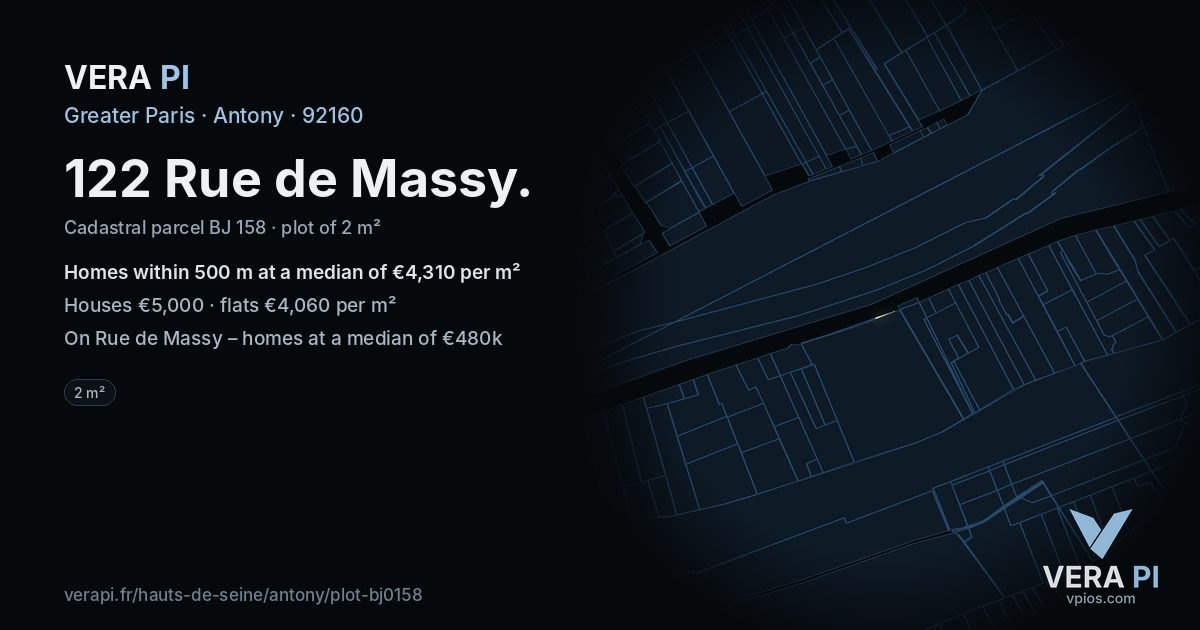 122 Rue de Massy, Antony at night – the plot lit, the parcels around coloured by the prices near them