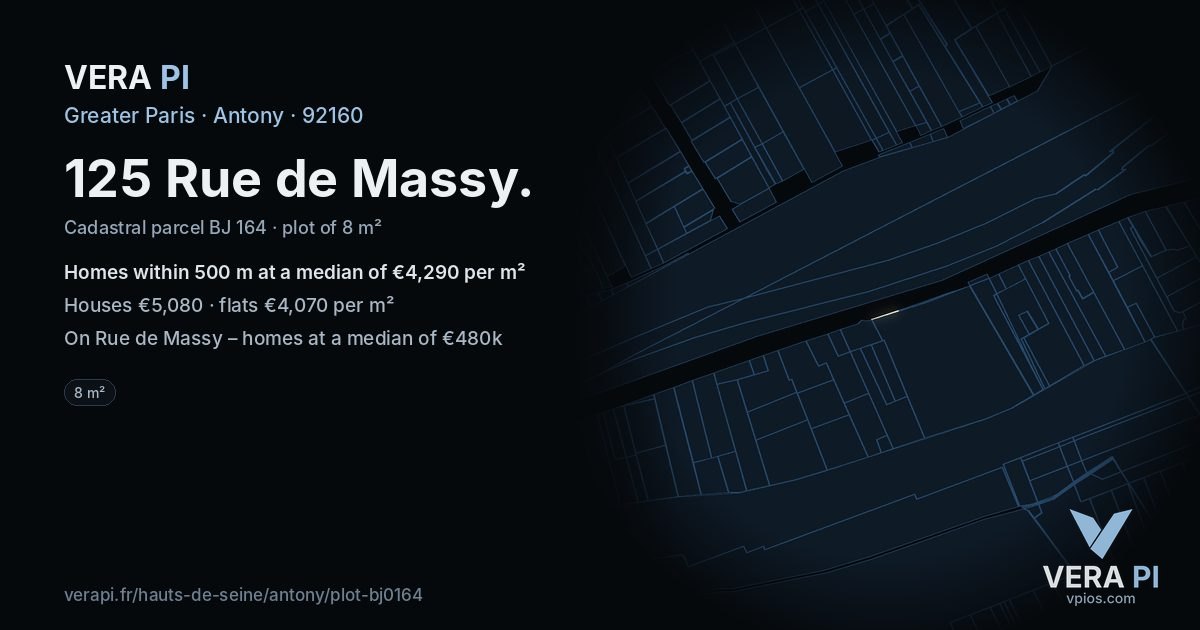 125 Rue de Massy, Antony at night – the plot lit, the parcels around coloured by the prices near them