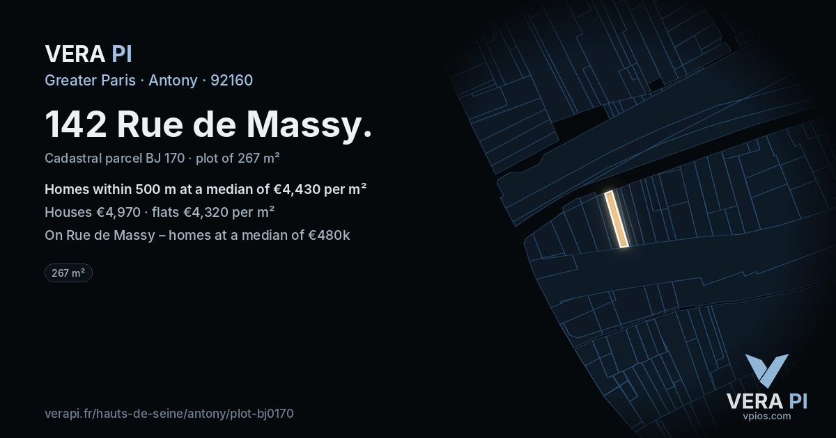 142 Rue de Massy, Antony at night – the plot lit, the parcels around coloured by the prices near them