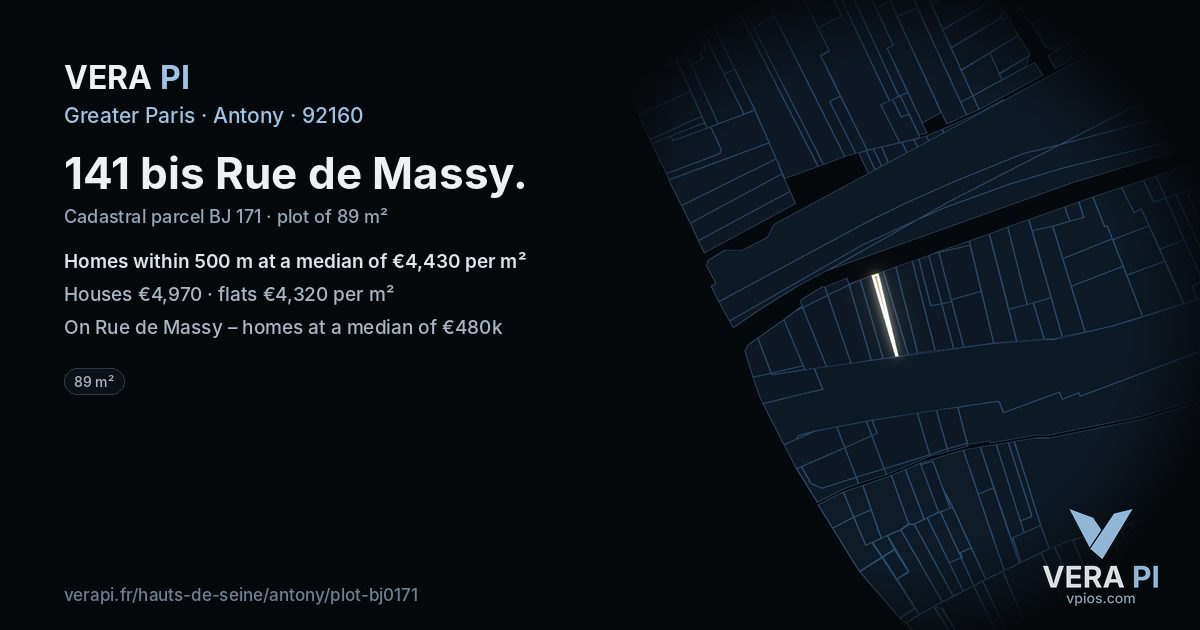141 bis Rue de Massy, Antony at night – the plot lit, the parcels around coloured by the prices near them