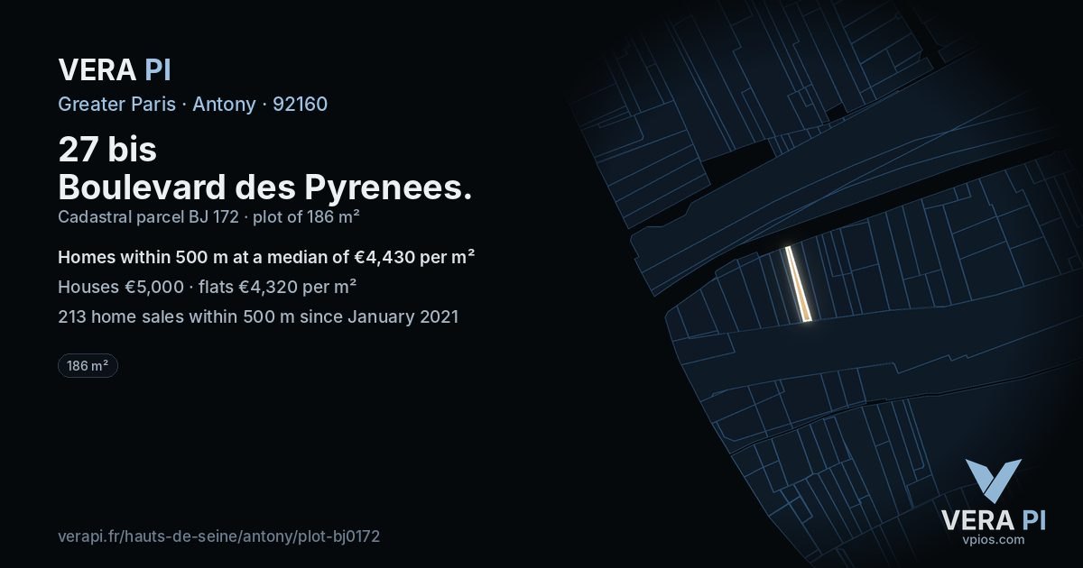 27 bis Boulevard des Pyrenees, Antony at night – the plot lit, the parcels around coloured by the prices near them