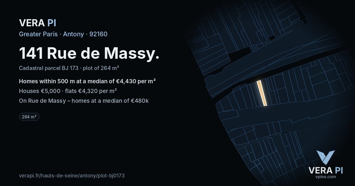 141 Rue de Massy, Antony at night – the plot lit, the parcels around coloured by the prices near them