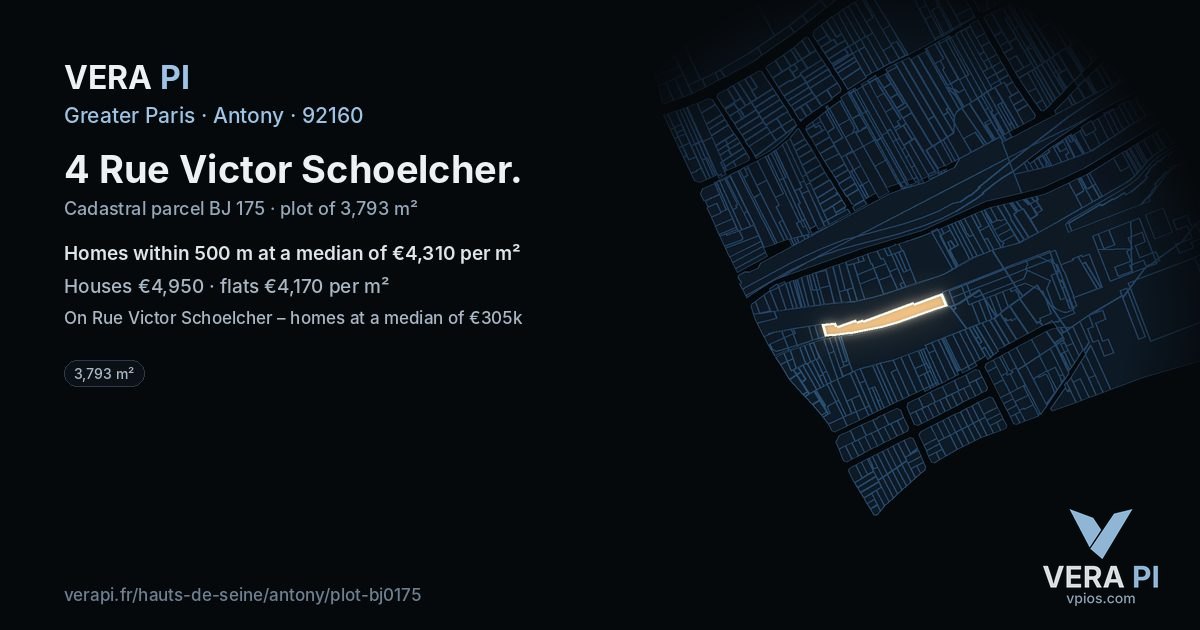 4 Rue Victor Schoelcher, Antony at night – the plot lit, the parcels around coloured by the prices near them