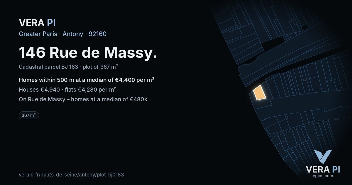 146 Rue de Massy, Antony at night – the plot lit, the parcels around coloured by the prices near them