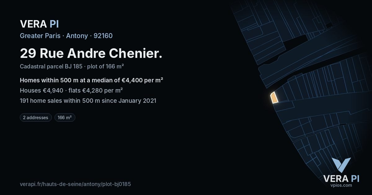 29 Rue Andre Chenier, Antony at night – the plot lit, the parcels around coloured by the prices near them