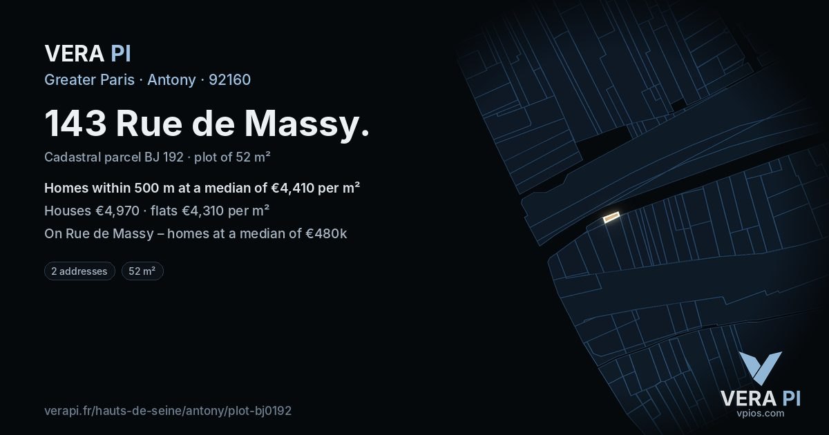 143 Rue de Massy, Antony at night – the plot lit, the parcels around coloured by the prices near them