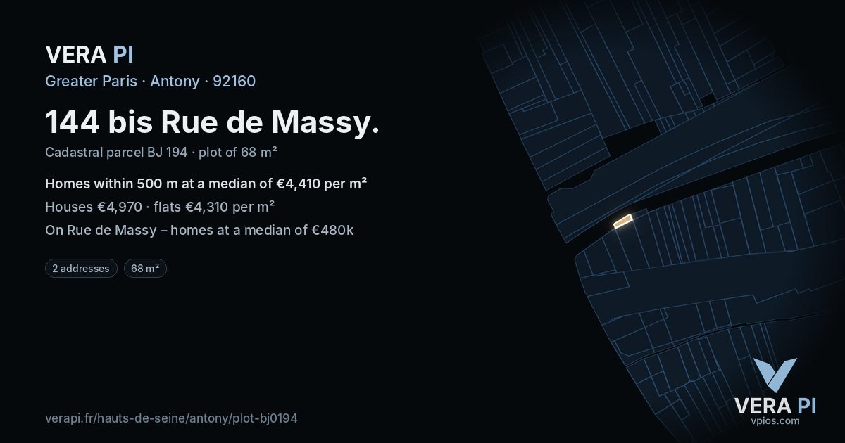 144 bis Rue de Massy, Antony at night – the plot lit, the parcels around coloured by the prices near them