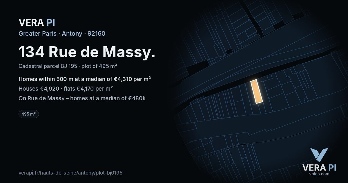 134 Rue de Massy, Antony at night – the plot lit, the parcels around coloured by the prices near them
