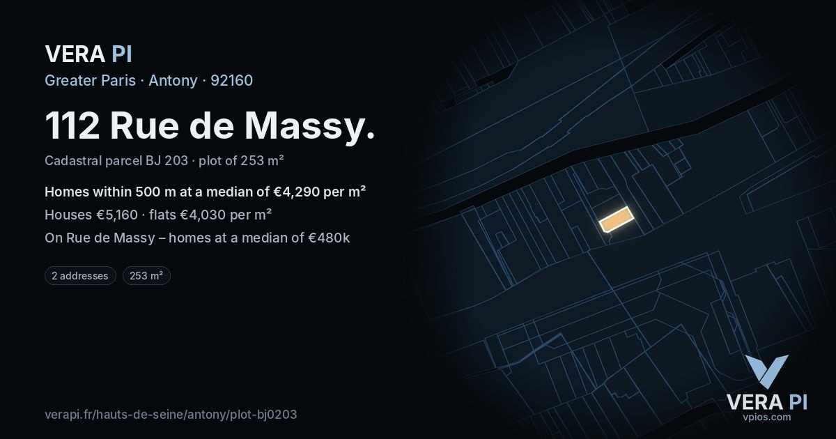 112 Rue de Massy, Antony at night – the plot lit, the parcels around coloured by the prices near them