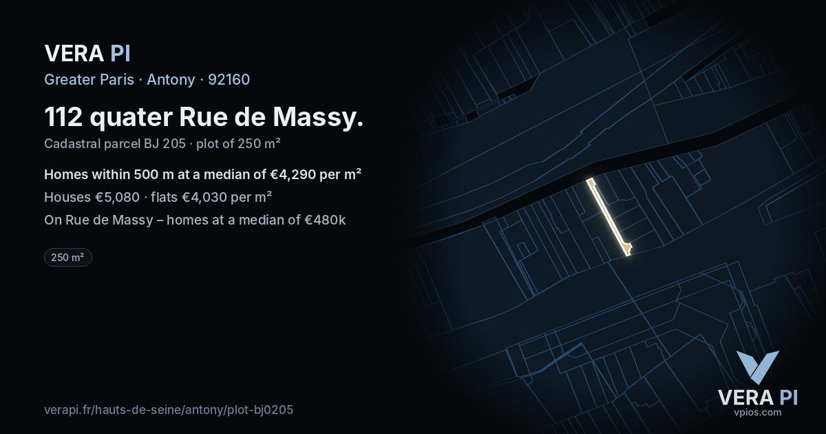 112 quater Rue de Massy, Antony at night – the plot lit, the parcels around coloured by the prices near them