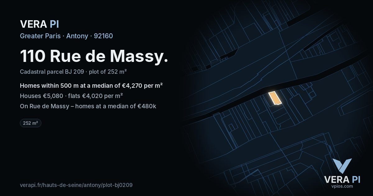110 Rue de Massy, Antony at night – the plot lit, the parcels around coloured by the prices near them