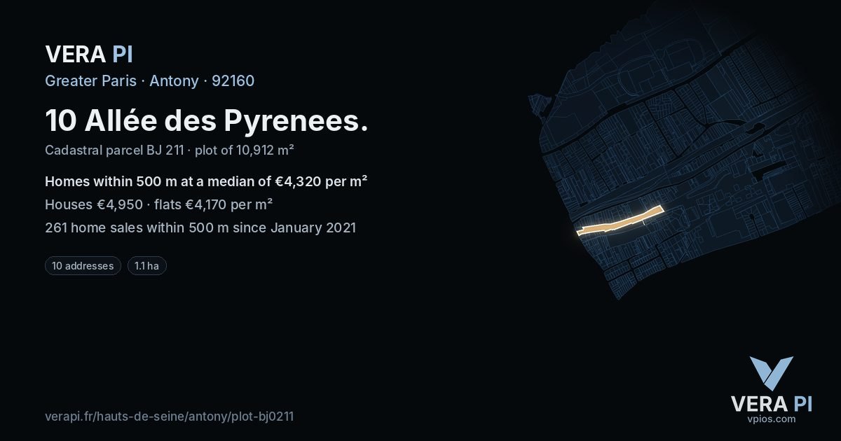 10 Allée des Pyrenees, Antony at night – the plot lit, the parcels around coloured by the prices near them