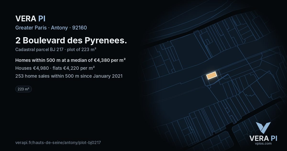 2 Boulevard des Pyrenees, Antony at night – the plot lit, the parcels around coloured by the prices near them