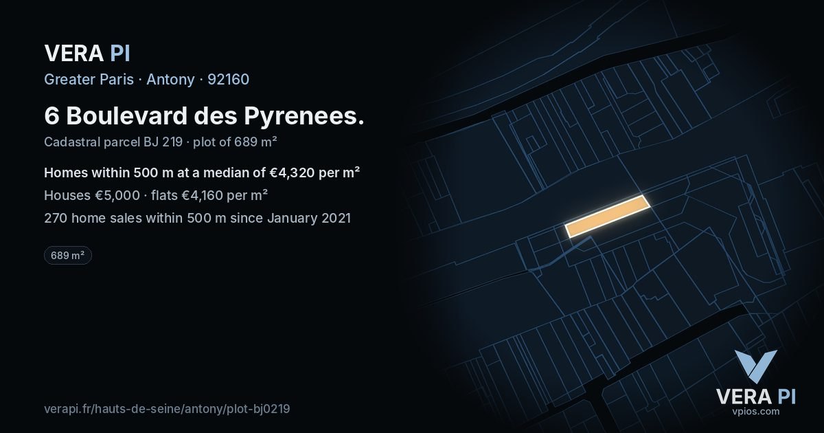6 Boulevard des Pyrenees, Antony at night – the plot lit, the parcels around coloured by the prices near them