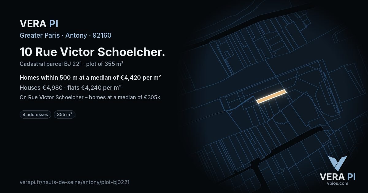 10 Rue Victor Schoelcher, Antony at night – the plot lit, the parcels around coloured by the prices near them
