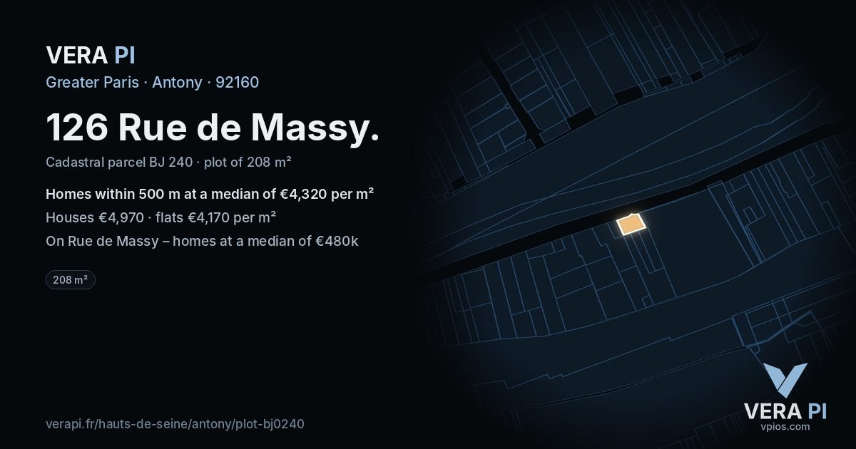 126 Rue de Massy, Antony at night – the plot lit, the parcels around coloured by the prices near them
