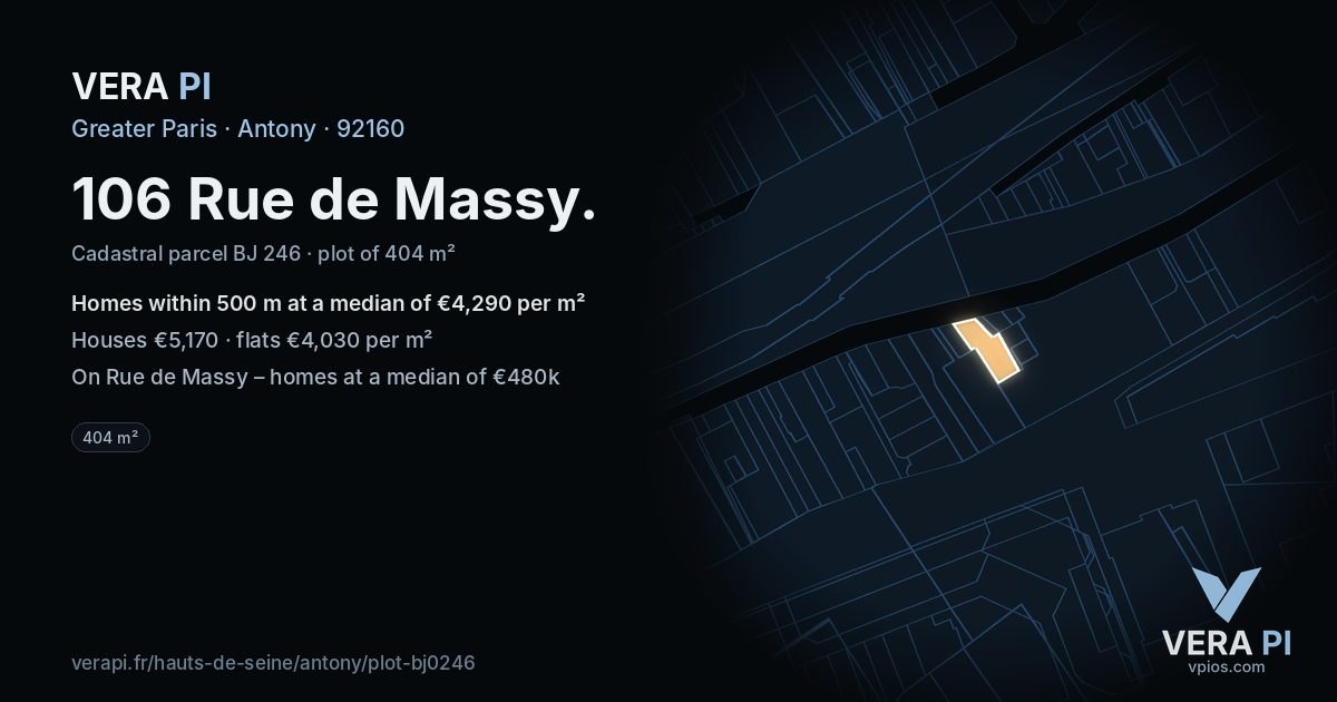 106 Rue de Massy, Antony at night – the plot lit, the parcels around coloured by the prices near them