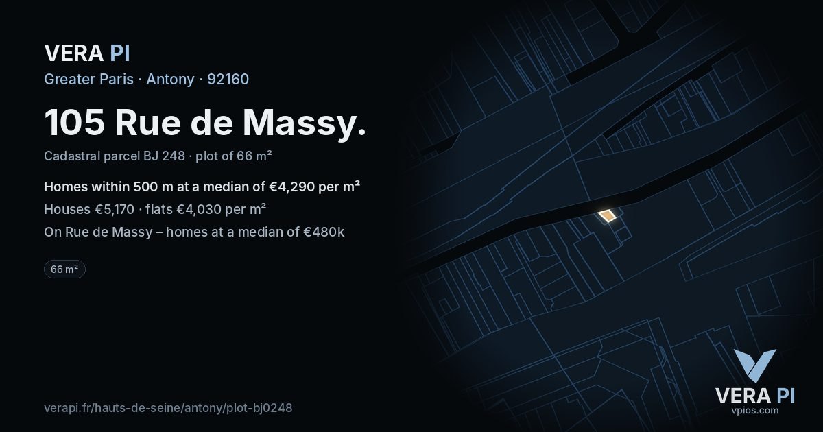105 Rue de Massy, Antony at night – the plot lit, the parcels around coloured by the prices near them