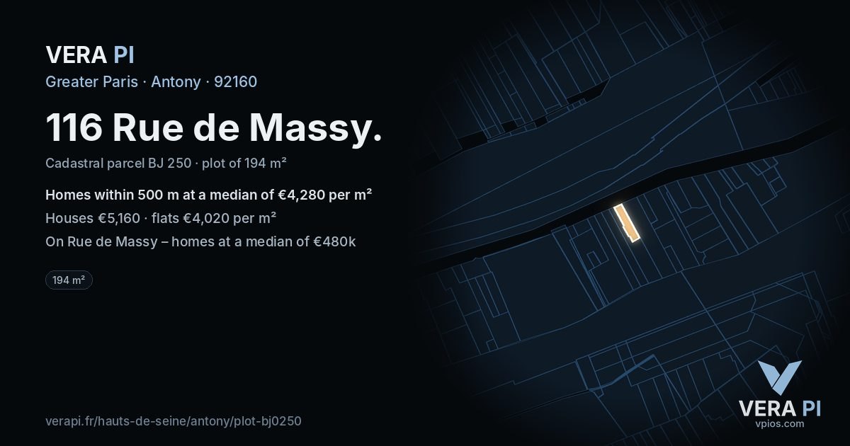 116 Rue de Massy, Antony at night – the plot lit, the parcels around coloured by the prices near them