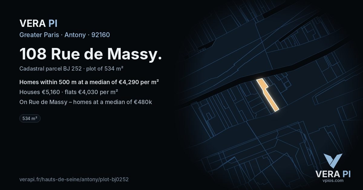 108 Rue de Massy, Antony at night – the plot lit, the parcels around coloured by the prices near them