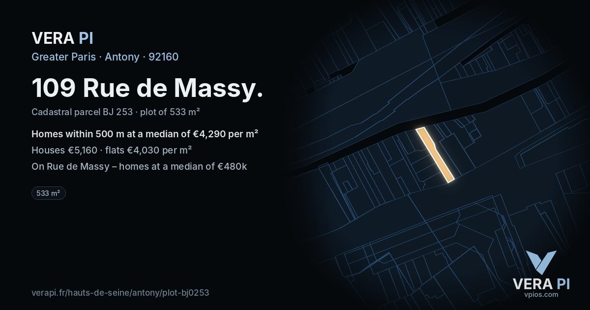 109 Rue de Massy, Antony at night – the plot lit, the parcels around coloured by the prices near them