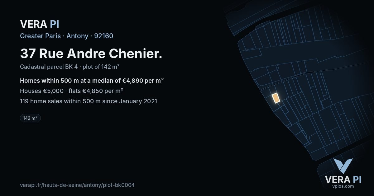 37 Rue Andre Chenier, Antony at night – the plot lit, the parcels around coloured by the prices near them