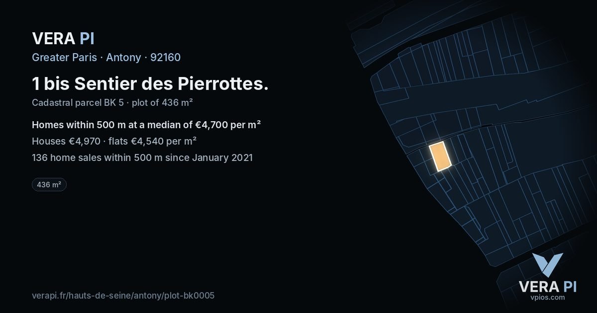 1 bis Sentier des Pierrottes, Antony at night – the plot lit, the parcels around coloured by the prices near them