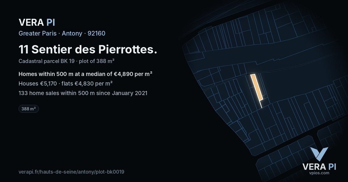 11 Sentier des Pierrottes, Antony at night – the plot lit, the parcels around coloured by the prices near them