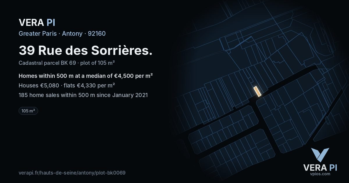 39 Rue des Sorrières, Antony at night – the plot lit, the parcels around coloured by the prices near them