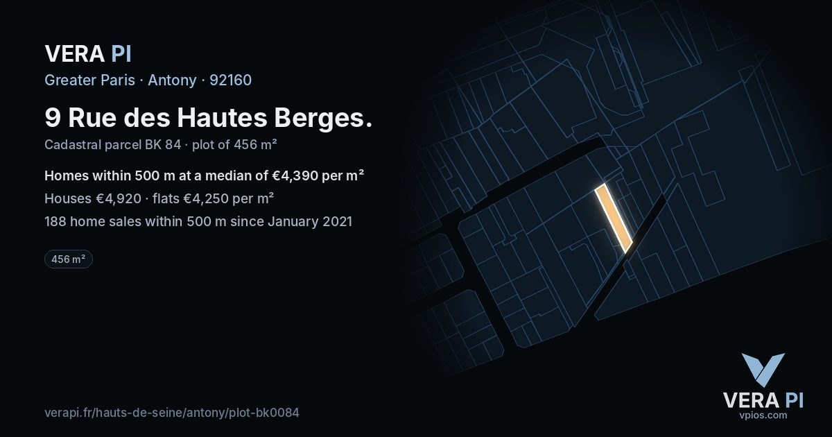 9 Rue des Hautes Berges, Antony at night – the plot lit, the parcels around coloured by the prices near them