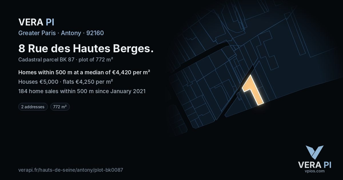 8 Rue des Hautes Berges, Antony at night – the plot lit, the parcels around coloured by the prices near them