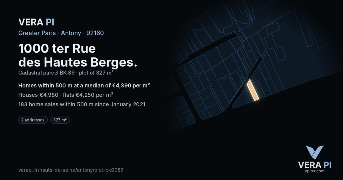 1000 ter Rue des Hautes Berges, Antony at night – the plot lit, the parcels around coloured by the prices near them