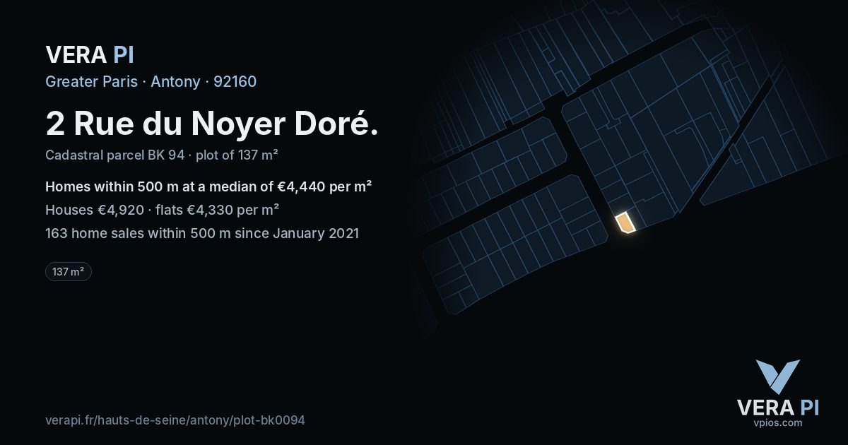 2 Rue du Noyer Doré, Antony at night – the plot lit, the parcels around coloured by the prices near them