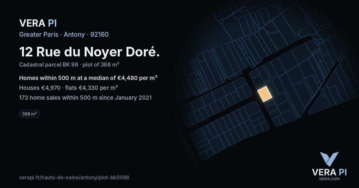 12 Rue du Noyer Doré, Antony at night – the plot lit, the parcels around coloured by the prices near them