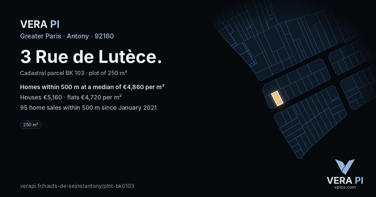 3 Rue de Lutèce, Antony at night – the plot lit, the parcels around coloured by the prices near them