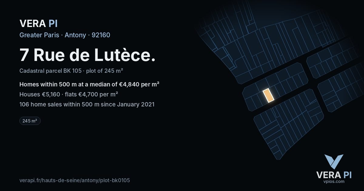 7 Rue de Lutèce, Antony at night – the plot lit, the parcels around coloured by the prices near them