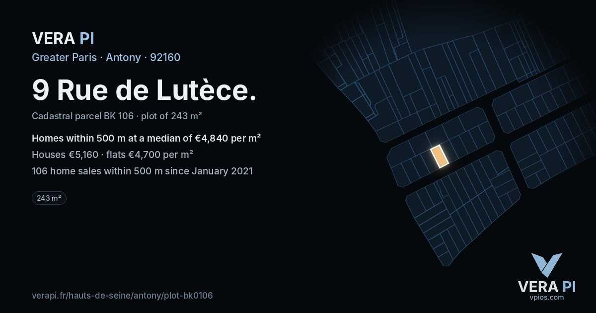 9 Rue de Lutèce, Antony at night – the plot lit, the parcels around coloured by the prices near them