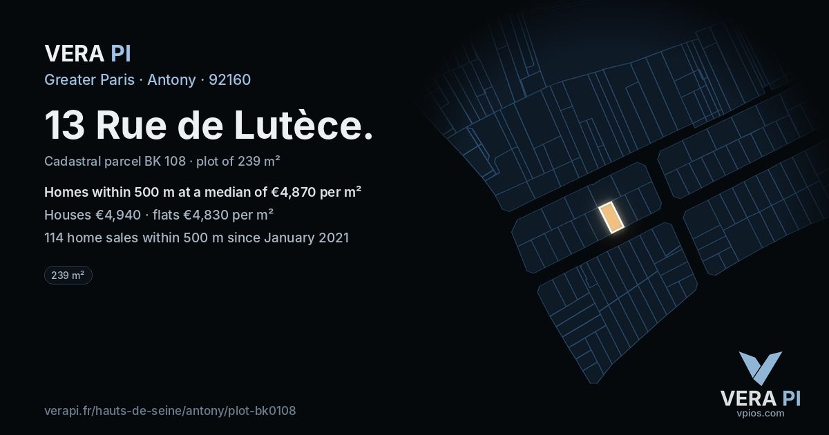 13 Rue de Lutèce, Antony at night – the plot lit, the parcels around coloured by the prices near them