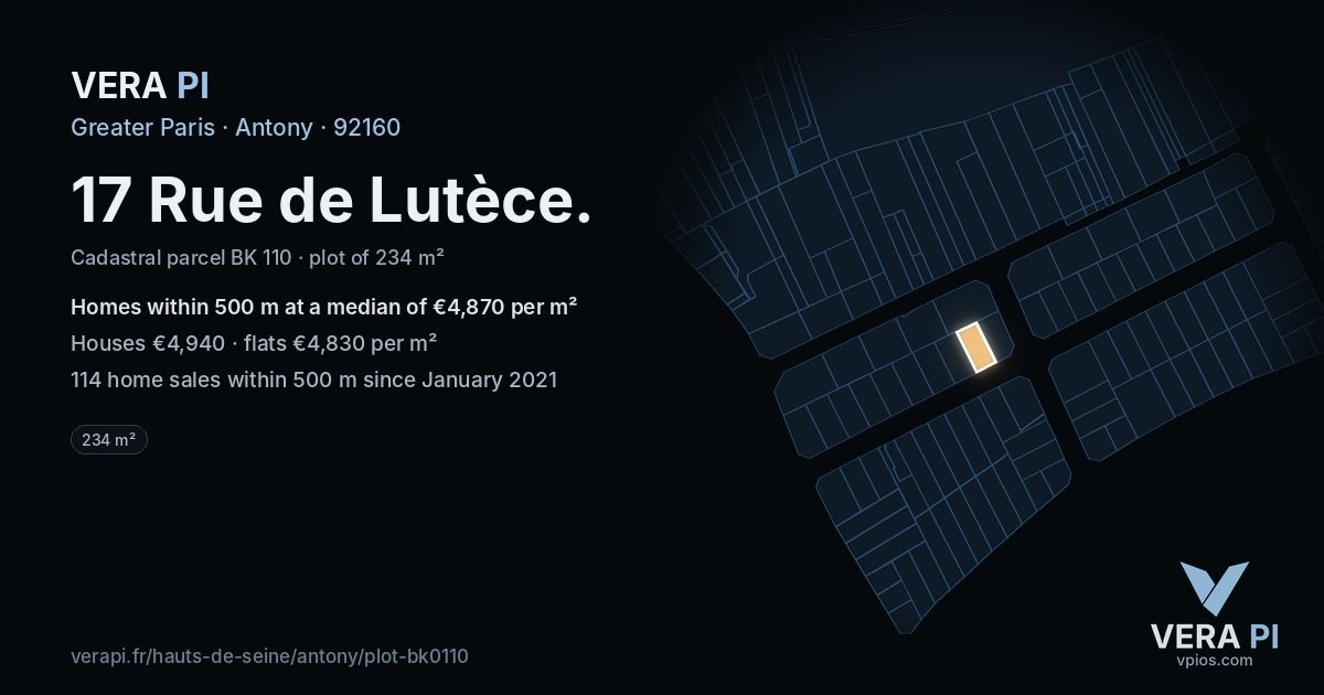 17 Rue de Lutèce, Antony at night – the plot lit, the parcels around coloured by the prices near them