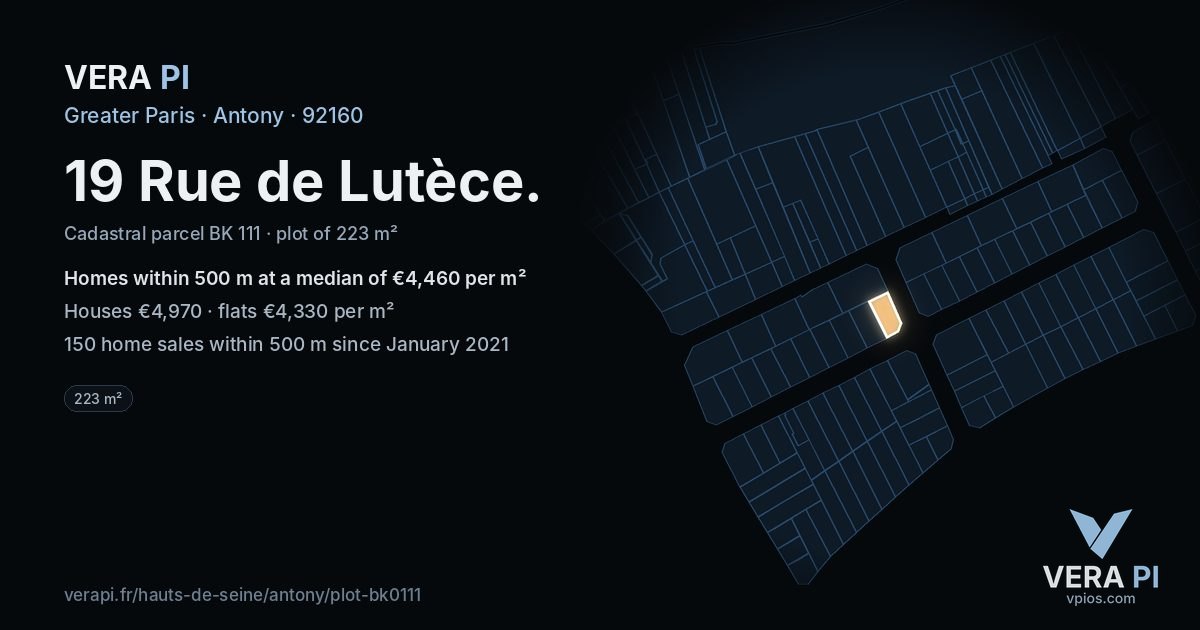 19 Rue de Lutèce, Antony at night – the plot lit, the parcels around coloured by the prices near them