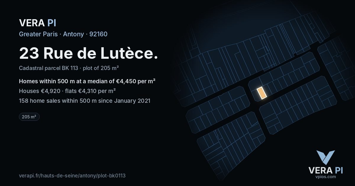 23 Rue de Lutèce, Antony at night – the plot lit, the parcels around coloured by the prices near them
