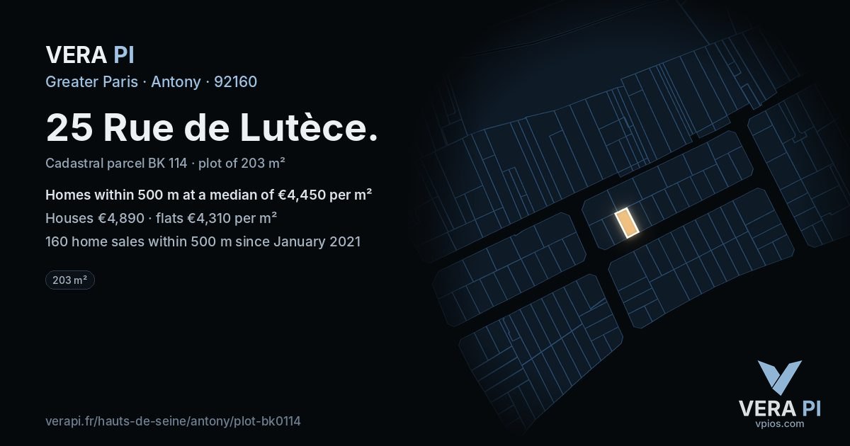 25 Rue de Lutèce, Antony at night – the plot lit, the parcels around coloured by the prices near them