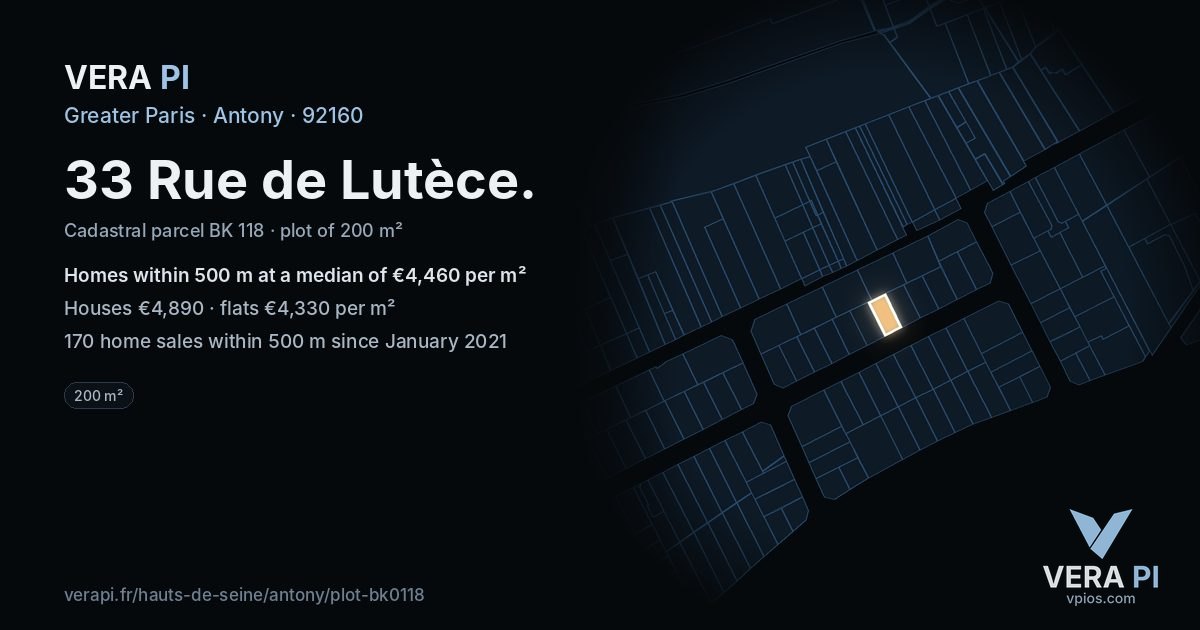 33 Rue de Lutèce, Antony at night – the plot lit, the parcels around coloured by the prices near them